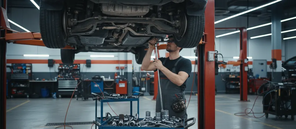 Samochód na podnośniku podczas naprawy mechanicznej