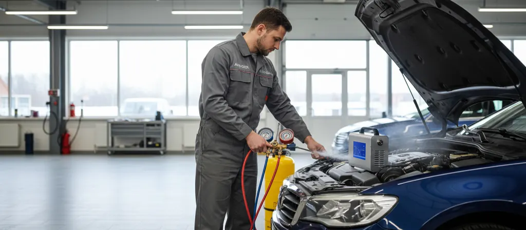 Mechanik podłącza stację do obsługi klimatyzacji samochodowej