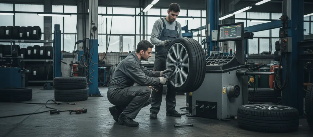Mechanicy zdejmują koło z samochodu w warsztacie